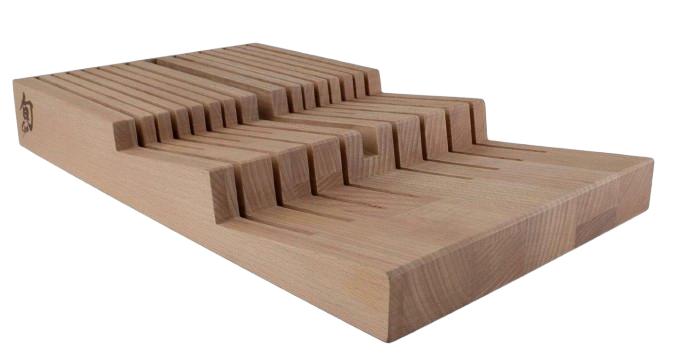 In-drawer bamboo knife organizer with angled slots, designed to safely store and separate kitchen knives inside a drawer.