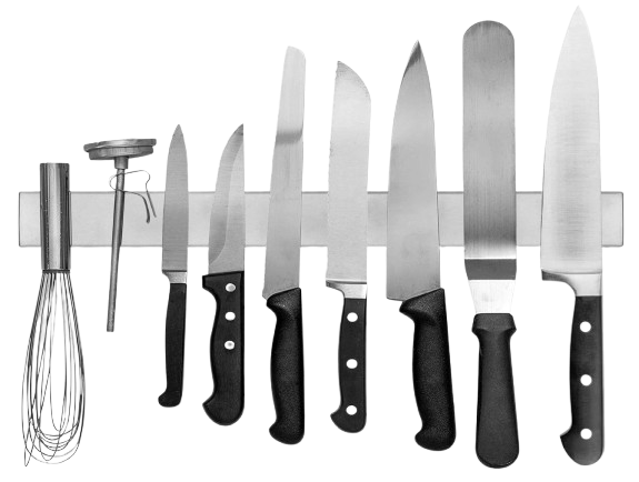 Wall-mounted stainless steel magnetic knife bar holding kitchen knives and scissors, creating a clean and space-saving kitchen setup.