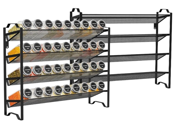 Stackable four-tier metal spice rack displaying rows of spice jars, designed for countertop or cabinet organization.