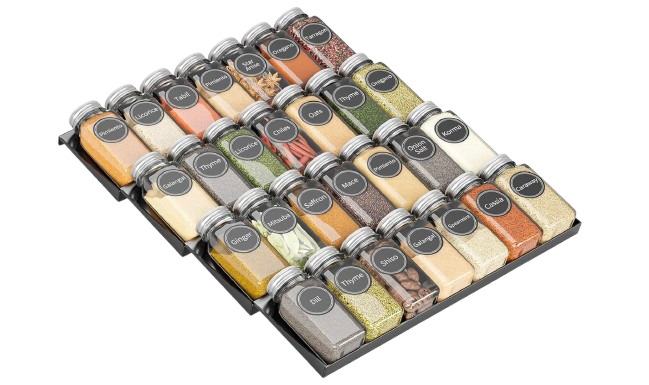 Angled spice drawer organizer holding labeled glass spice jars in staggered rows for easy visibility and access.