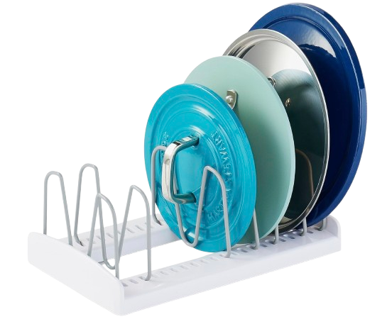 Adjustable white metal rack holding pot lids and cookware in an upright position for organized cabinet or countertop storage.