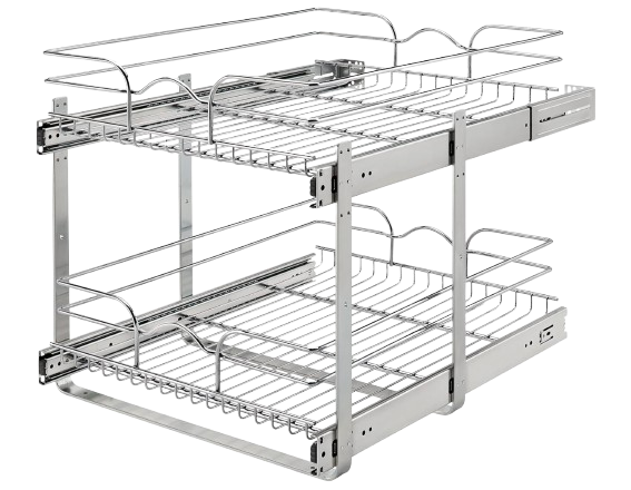 Chrome two-tier pull-out cabinet organizer with sliding rails, ideal for maximizing vertical storage inside kitchen or bathroom cabinets.