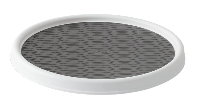 Round non-slip cabinet turntable with a white rim and textured gray surface, designed to keep pantry and cabinet items easily accessible.