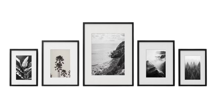 Room Essentials Traditional Mixed Frames set of 5 black frames with white matting of varying sizes.