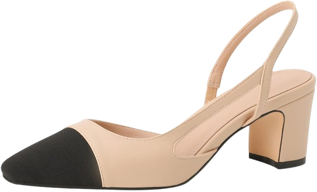 Chanel-inspired two-tone slingback heels in beige and black with block heel