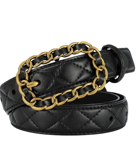 Chanel-inspired quilted leather belt with gold chain detail