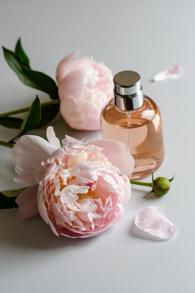Soft, romantic cover photo featuring a perfume bottle styled with pink peonies and scattered petals on a light neutral background.