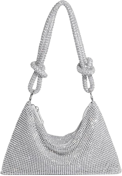 Cult Gaia-inspired rhinestone mesh evening bag with crystal embellishments