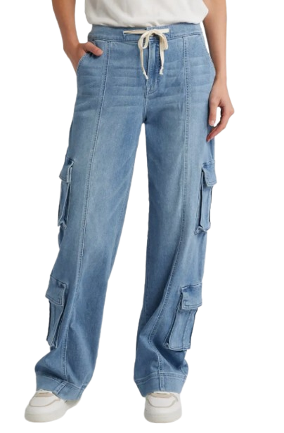 Double cargo jeans in a light blue wash featuring a relaxed wide-leg fit, utility-style side cargo pockets, drawstring waistband detail, and casual street-inspired silhouette.