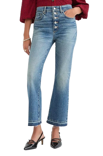 LOFT high-rise kick crop jeans in a mid vintage wash with exposed button-front closure, subtle fading, cropped length, and a slight flared hem.