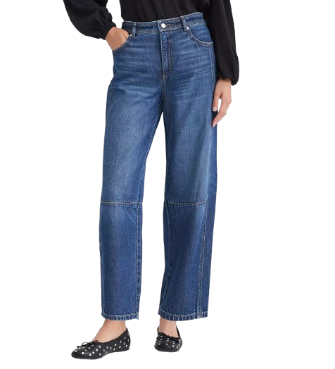 LOFT high-rise barrel jeans in a dark indigo wash with a fitted waist, curved barrel-leg silhouette, ankle-length hem, and classic five-pocket design.
