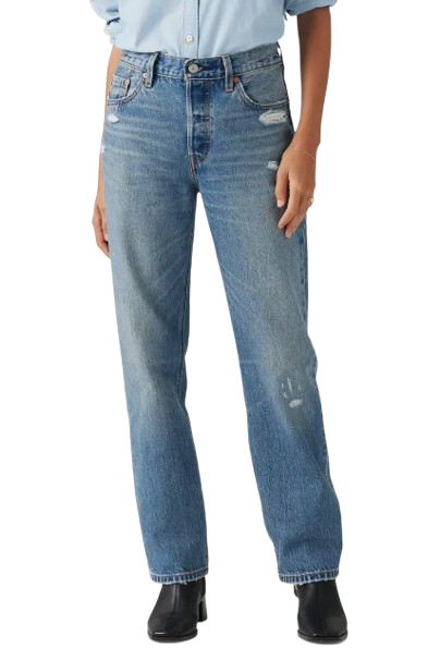 Levi’s 501 ’90s straight-leg jeans in a medium vintage wash with a mid-rise waist, button-fly closure, subtle distressing at the knees, and a relaxed straight-leg fit.