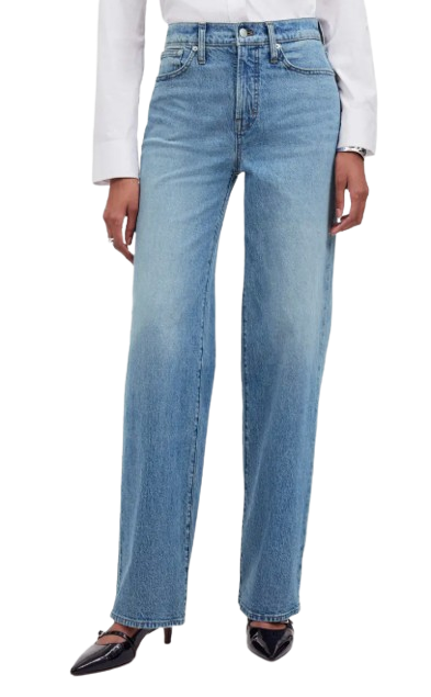 Madewell Perfect Vintage wide-leg jeans in a light blue wash featuring a high-rise waist, classic five-pocket styling, subtle fading through the thighs, and a full-length relaxed wide-leg silhouette.
