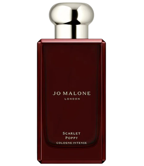 Deep red Jo Malone Scarlet Poppy Cologne Intense bottle with silver cap, a rich floral fragrance known for warm poppy and tonka notes.