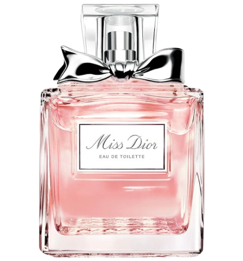 Miss Dior Eau de Toilette in a clear glass bottle with soft pink fragrance, finished with a silver bow at the neck.