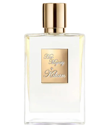 Kilian Paris Her Majesty Eau de Parfum in a clear rectangular bottle with gold plaque, a luxurious scent featuring peach, rose, and soft gourmand notes.