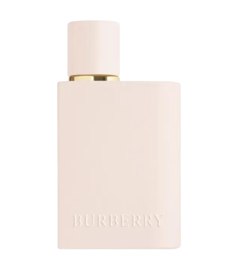 Burberry Her Eau de Parfum Intense in a minimalist blush-pink bottle, a bold fruity floral fragrance with strawberry and orange blossom notes.