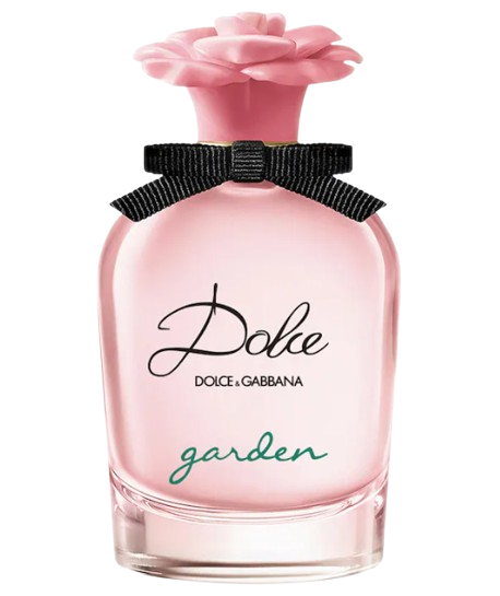 Dolce & Gabbana Dolce Garden perfume in a pink glass bottle topped with a flower cap, featuring white florals and creamy coconut notes.