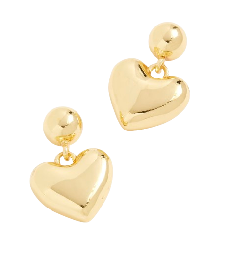 Glossy gold heart-shaped drop earrings with a rounded, puffed design and smooth reflective finish. Medium-length statement earrings that add a bold yet classic touch to any outfit.