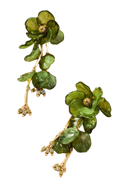 Olive green floral drop earrings featuring layered translucent petals with gold-tone centers and dangling bead accents. Long statement earrings with a sculptural, botanical-inspired design.