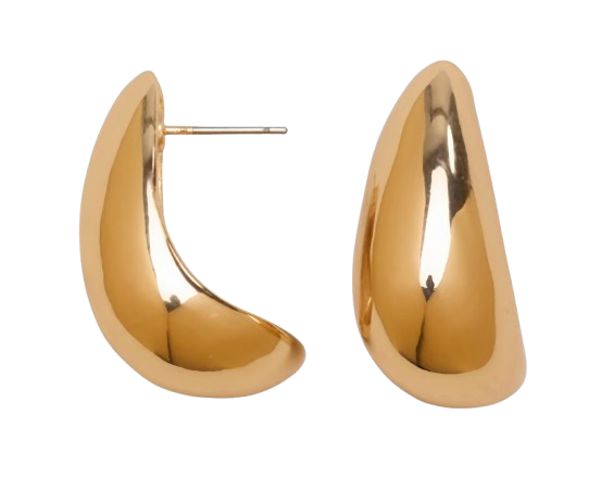 Gold sculptural drop earrings with a smooth, curved teardrop shape and high-shine finish. Modern statement earrings with a bold silhouette designed to catch the light and frame the face.