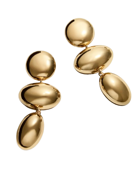 Gold statement earrings featuring three stacked, rounded shapes with a glossy polished finish. Oversized drop earrings with a sculptural, modern design that adds drama to simple outfits.