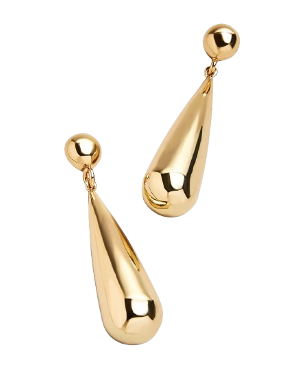 Elongated gold teardrop earrings with a sleek, high-shine finish and post-back closure. Statement earrings with a minimalist yet bold silhouette that elongates the neckline.