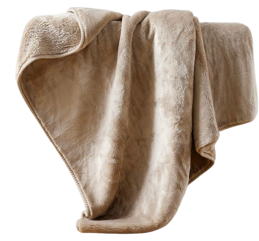 Beige Pottery Barn Cozy Cloud plush throw blanket draped over a sofa, highlighting ultra-soft texture and cozy, heavyweight drape.