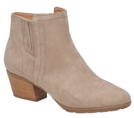 Blondo Valli waterproof suede ankle bootie in sand nubuck with a rounded toe, side zipper, low stacked heel, and smooth neutral finish designed for everyday wear.