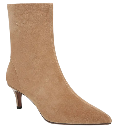 Franco Sarto Anna taupe suede ankle boot with a sleek pointed toe, slim tapered heel, and side zipper for a polished, dressy silhouette.