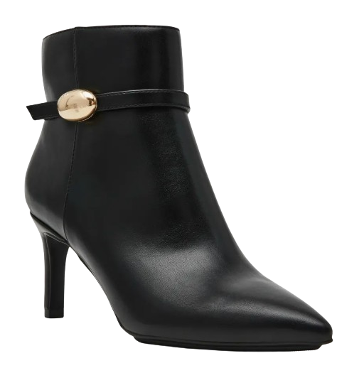 Anne Klein Margie black ankle boot with a pointed toe, slim stiletto heel, and subtle gold hardware strap detail around the shaft.