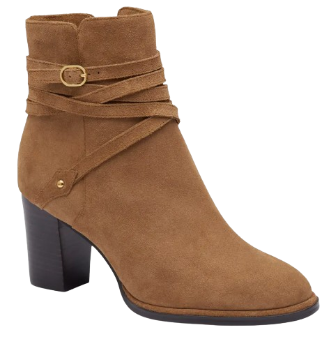 Johnston & Murphy Amy whiskey suede ankle boot with wraparound strap detailing, side zipper, and sturdy block heel designed for comfort and everyday wear.