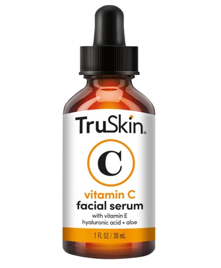 TruSkin Vitamin C facial serum in an amber glass dropper bottle. Brightening serum formulated with vitamin C, vitamin E, hyaluronic acid, and aloe to support radiant-looking skin.