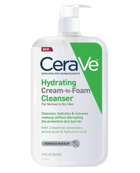 CeraVe Hydrating Cream-to-Foam Cleanser in a large white pump bottle. Gentle cleanser that removes makeup while maintaining the skin barrier with ceramides and hyaluronic acid.