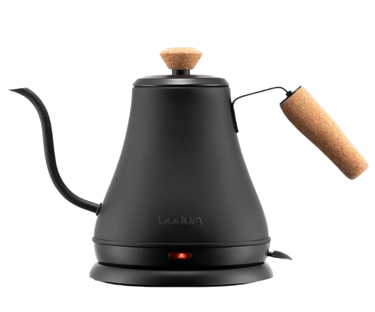 Matte black Bodum electric gooseneck kettle with cork handle and lid, designed for precise pouring and quick water heating.