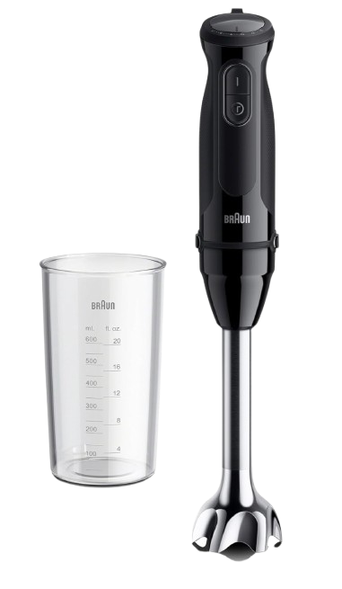 Braun MultiQuick 5 immersion blender with stainless steel blending shaft and included measuring cup, designed for soups, sauces, and smoothies.