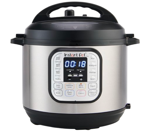 Stainless steel Instant Pot Duo 6-quart electric pressure cooker with digital control panel, sauté, slow cook, rice, soup, and pressure cooking functions.
