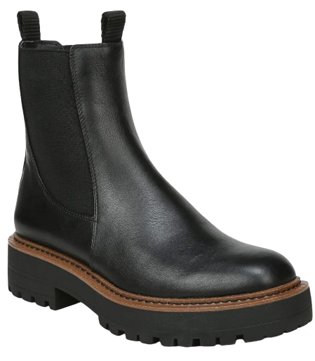 Sam Edelman Laguna black leather Chelsea boot with elastic gore panels, rounded toe, and chunky lug sole for a modern, weather-ready look.