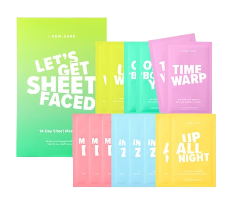 I Dew Care “Let’s Get Sheet Faced” 14-day sheet mask set featuring colorful individually wrapped masks labeled “Time Warp,” “Up All Night,” and “In the Zone,” designed to target hydration, brightening, and skin recovery.