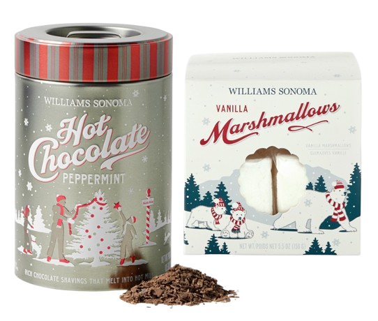 Williams Sonoma Peppermint Hot Chocolate tin with festive holiday illustration and red striped lid, paired with a box of vanilla marshmallows featuring winter polar bear artwork. Rich chocolate shavings displayed in front.