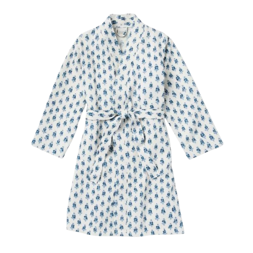 Lightweight white cotton robe with soft blue floral print, long sleeves, tie waist belt, and relaxed silhouette.