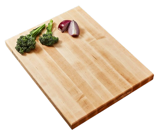 Thick maple edge-grain cutting board measuring 20x15 inches, light natural wood with smooth surface and sturdy butcher-block construction.