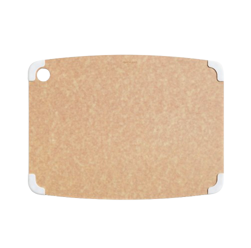 Thin rectangular Epicurean composite cutting board in natural wood tone, 17.5x13 inches, lightweight and knife-friendly with rounded corners.