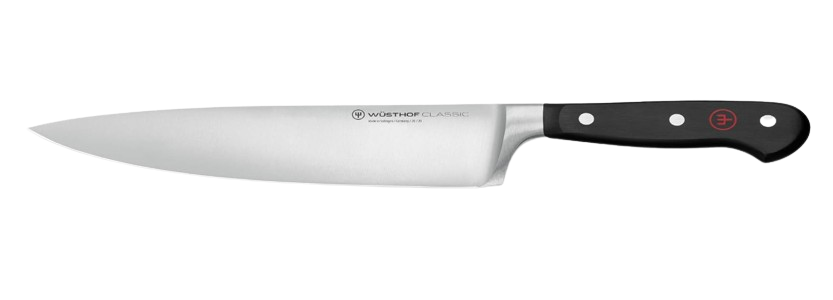 Wüsthof Classic 8-inch chef’s knife with precision-forged stainless steel blade and triple-riveted black handle for balanced control.