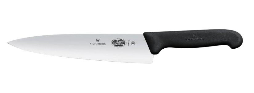 Victorinox Fibrox Pro 8-inch chef’s knife with wide stainless steel blade and textured black ergonomic handle for secure grip.