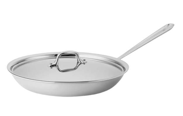 Stainless steel 12-inch All-Clad D3 fry pan with matching lid and long polished handle, tri-ply bonded construction for even heating.