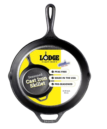 Pre-seasoned 10.25-inch Lodge cast iron skillet with helper handle, durable black finish, and classic heavy-duty design for stovetop or oven cooking.