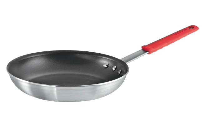 10-inch Tramontina professional nonstick fry pan with aluminum body, dark interior coating, and red silicone grip handle.