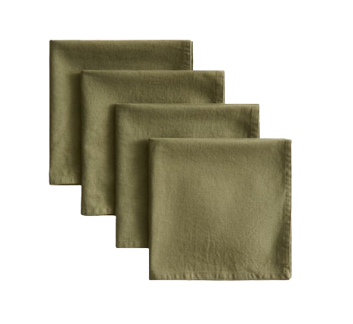 Set of four olive green linen napkins folded in a stack, featuring a soft, washed texture and clean finished edges.