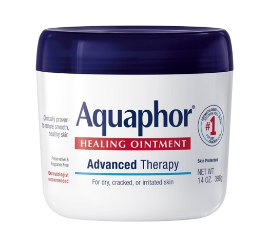Aquaphor Healing Ointment Advanced Therapy in a 14-ounce white jar with navy lid, designed for dry, cracked, or irritated skin.